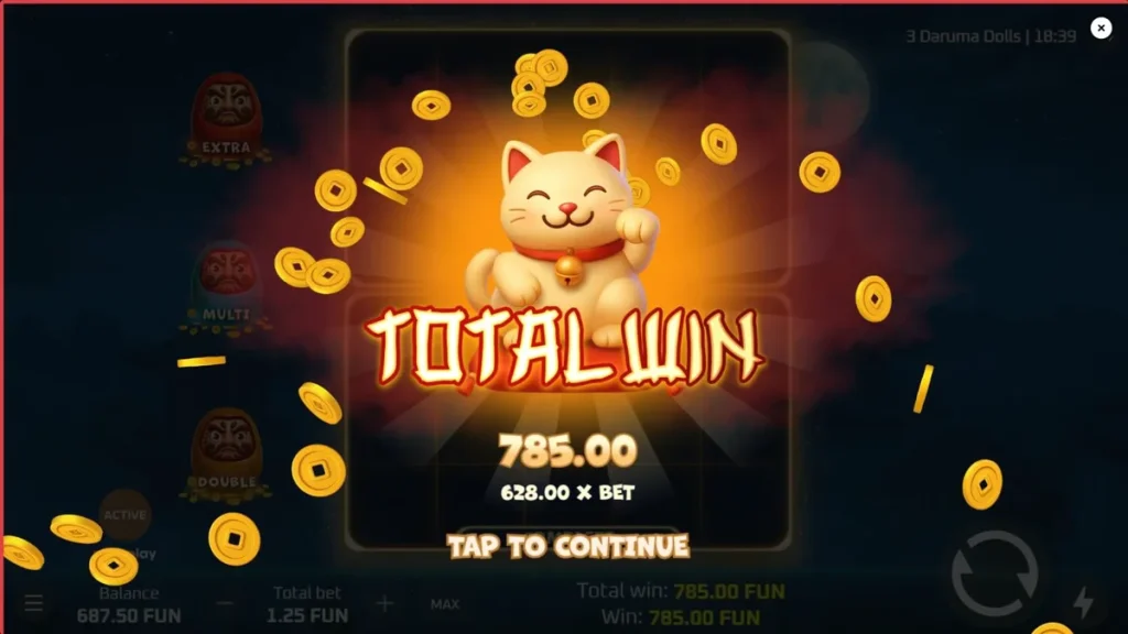 Tampilan visual slot 3 Daruma Dolls dengan latar belakang kuil Jepang