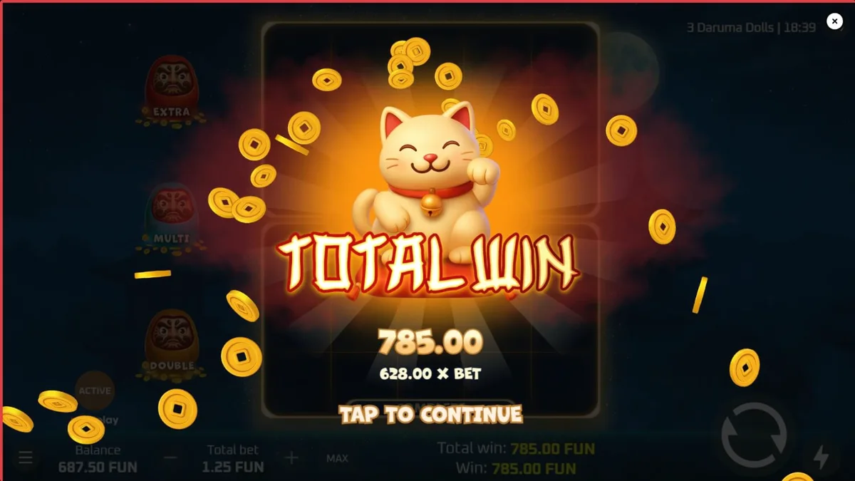 Tampilan visual slot 3 Daruma Dolls dengan latar belakang kuil Jepang