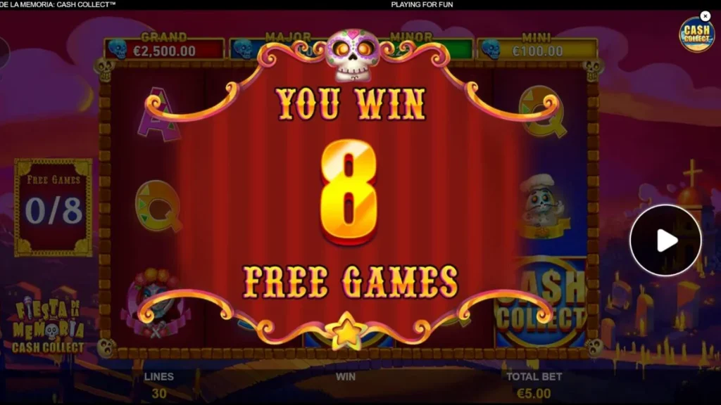 Tampilan visual slot Fiesta de la Memoria Cash Collect dengan tema neon Día de los Muertos